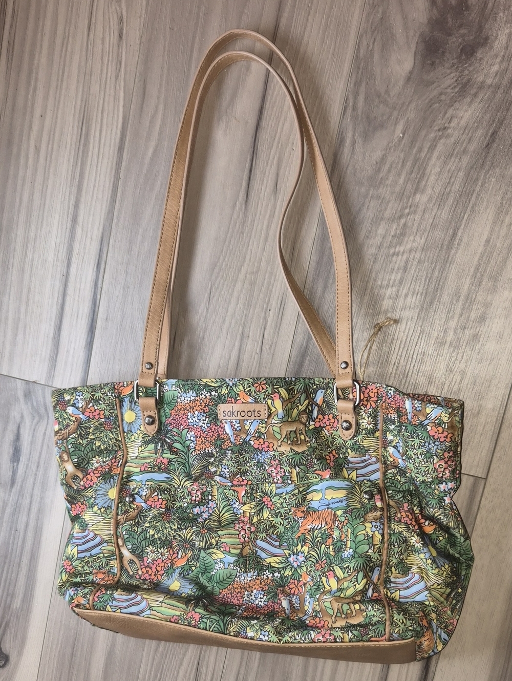 Sakroots Multicolor Botanical & Wildlife Print Tote with Tan Handles
